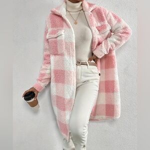 Brand New Pink White Sherpa Shacket Coat Plaid Button Down Shirt